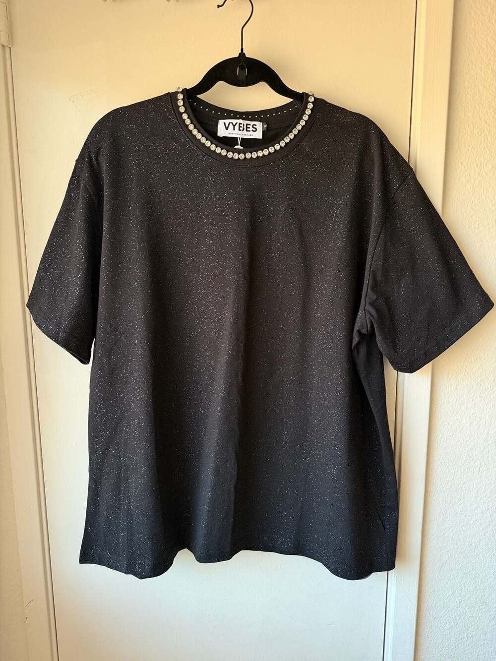 VYBES Don't Kill The Vibe Rhinestone Collar Glitter T-Shirt